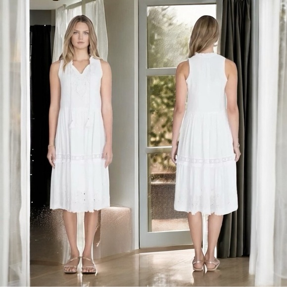 Johnny Was Jade Dress Midi White Embroidered Eyelet Boho Tiered Lined SZ L Cotta - Picture 1 of 15